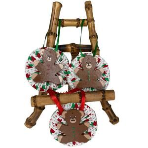 Handmade Wooden Teddybear and Fabric Christmas Tree Ornaments Set of 3